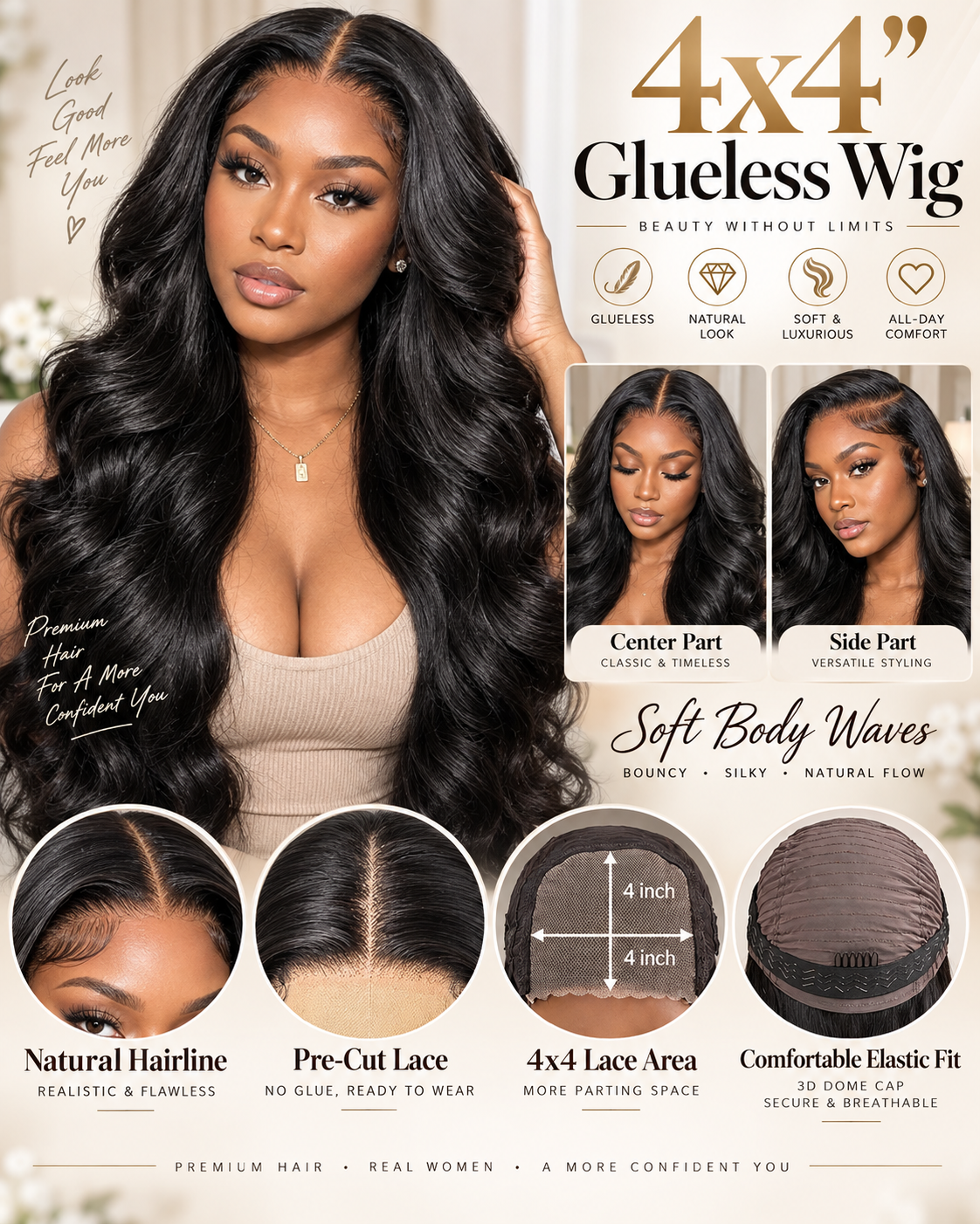 NOVA Amara 4x4 Glueless Body Wave Human Hair Wear & Go Wig
