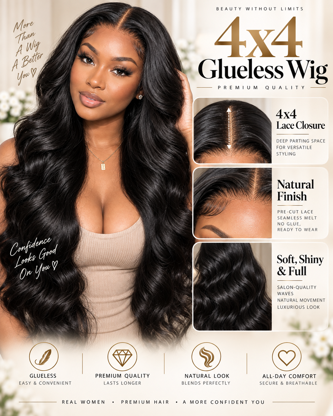 NOVA Amara 4x4 Glueless Body Wave Human Hair Wear & Go Wig