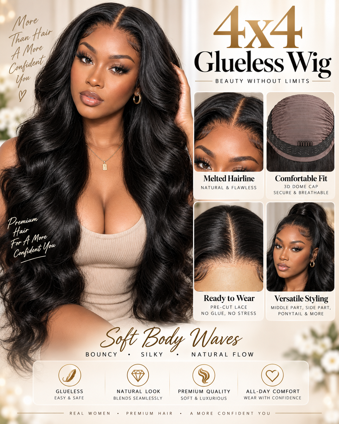 NOVA Amara 4x4 Glueless Body Wave Human Hair Wear & Go Wig
